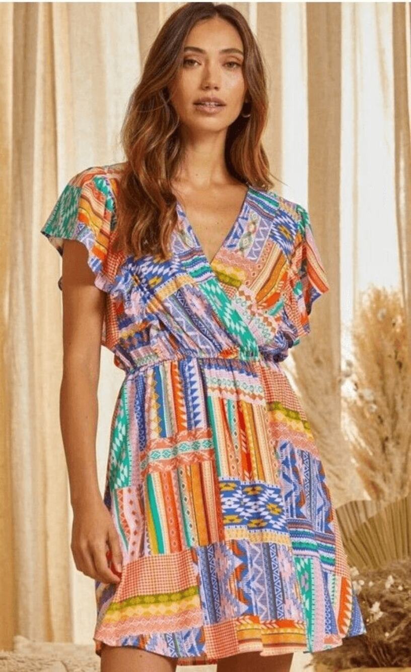 SAVANNA JANE Patchwork Boho Aztec Multicolor Mini Dress SZ 1X